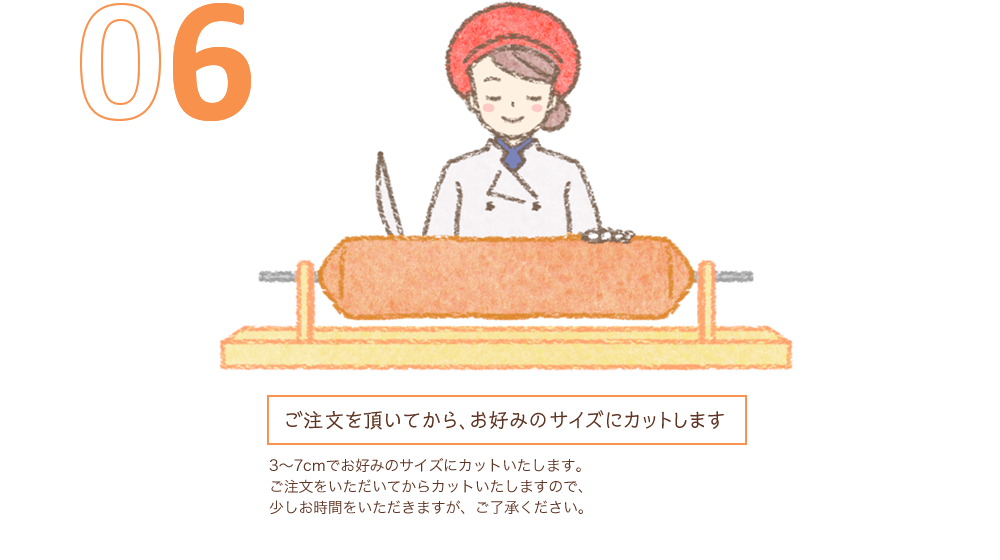06　ご注文を頂いてから、お好みのサイズにカットします　3〜7cmでお好みのサイズにカットいたします。ご注文をいただいてからカットいたしますので、少しお時間をいただきますが、ご了承ください。